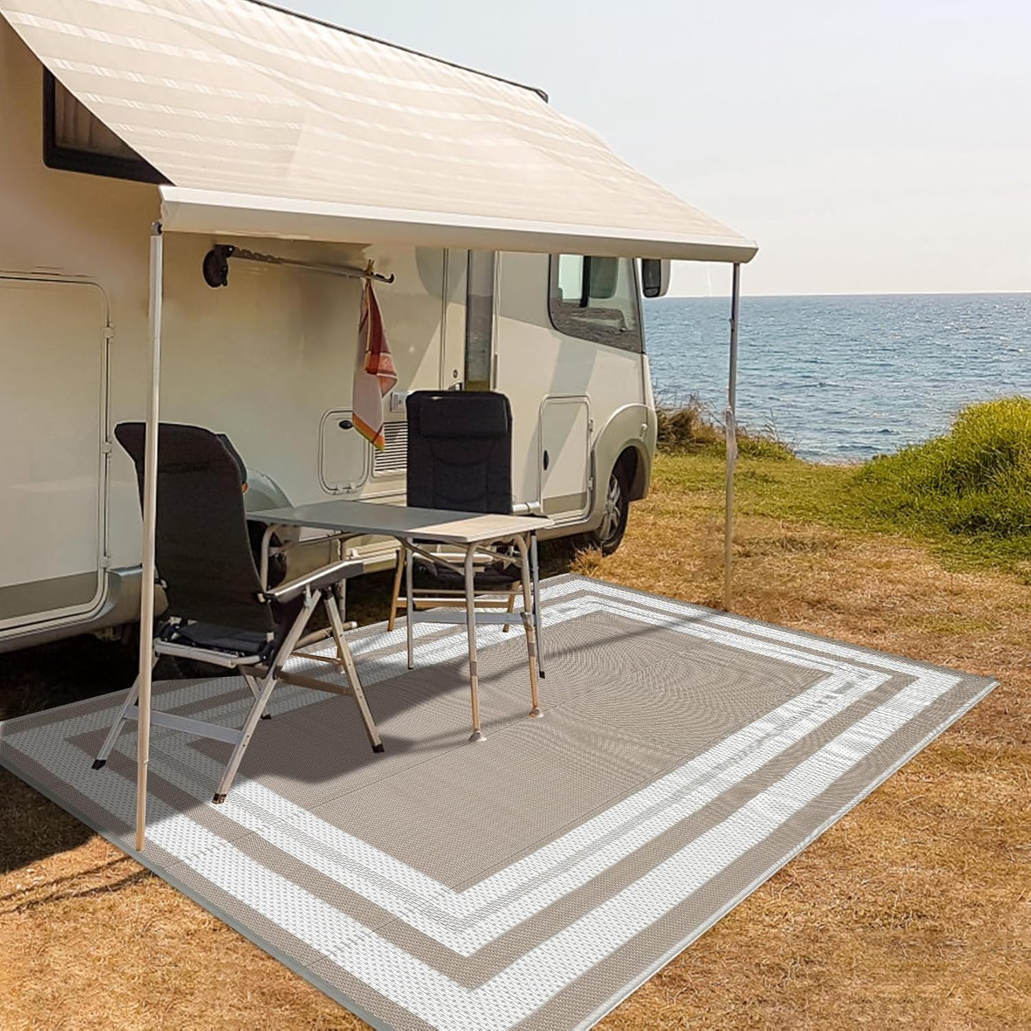 Outdoor Camping Rugs 9X12 - พรมกลางแจ้งขนาด 9x12 ฟุต – พรมพลาสติกกันน้ำแบบสองด้านสำหรับลานบ้าน, รถบ้าน,