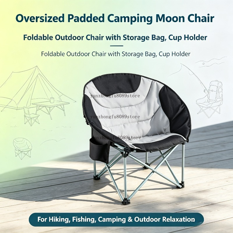 Outdoor Camping Chairs - เก้าอี้แคมป์ปิ้งทรงกลมขนาดใหญ่พร้อมเบาะรองนั่ง, เก้าอี้พับได้สำหรับใช้งานกลางแจ้งพร้อมกระเป๋าเก็บของ, ที่วางแก้ว และดีไซน์แบบเป้สะพายหลัง