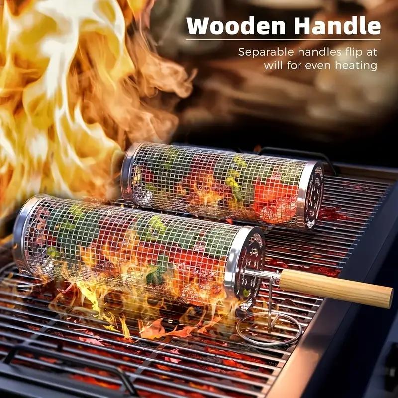 Outdoor Camping Food - ชุดตะกร้าย่างบาร์บีคิวทรงกลมทำจากสแตนเลสเกรดอาหาร, ตะแกรงย่างทรงกระบอกสำหรับทำอาหารกลางแจ้งและตั้งแคมป์