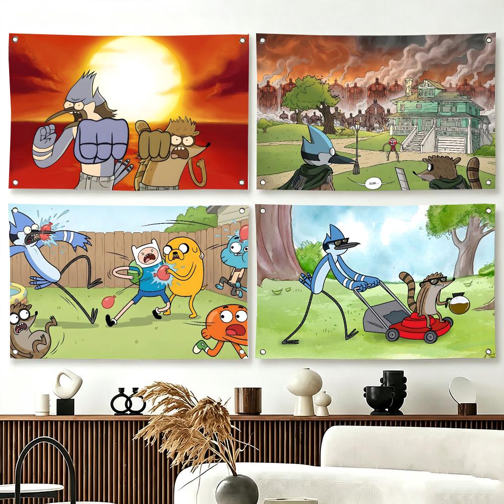 Outdoor Camping Show - ธงการ์ตูนคอมเมดี้แนวซูเรียล R-Regular Show สำหรับตกแต่งห้องนั่งเล่น บ้าน หอพัก