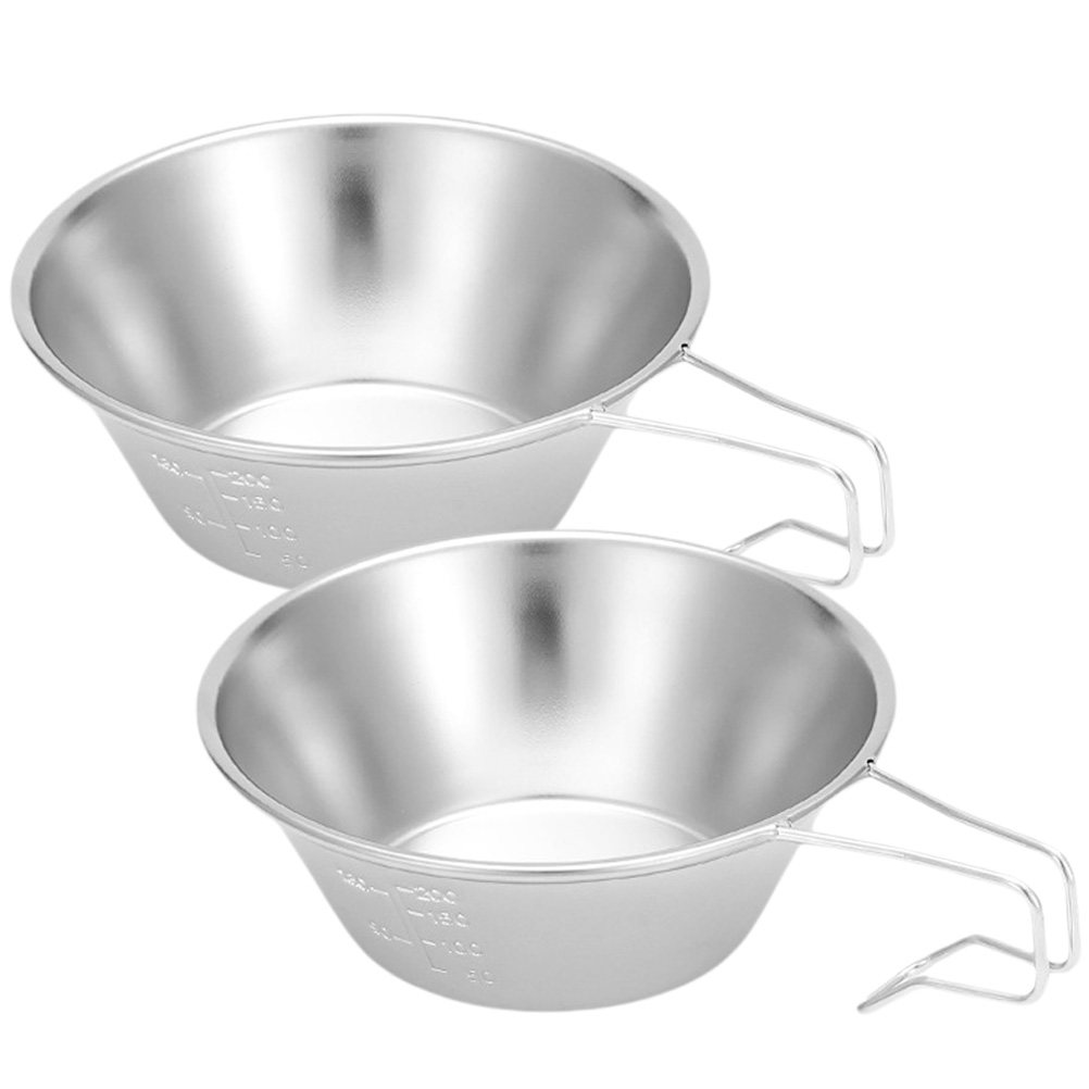 Outdoor Camping Food - 2 ชิ้น ชามสแตนเลสสำหรับตั้งแคมป์ ด้ามจับพับได้ น้ำหนักเบา พกพาสะดวก