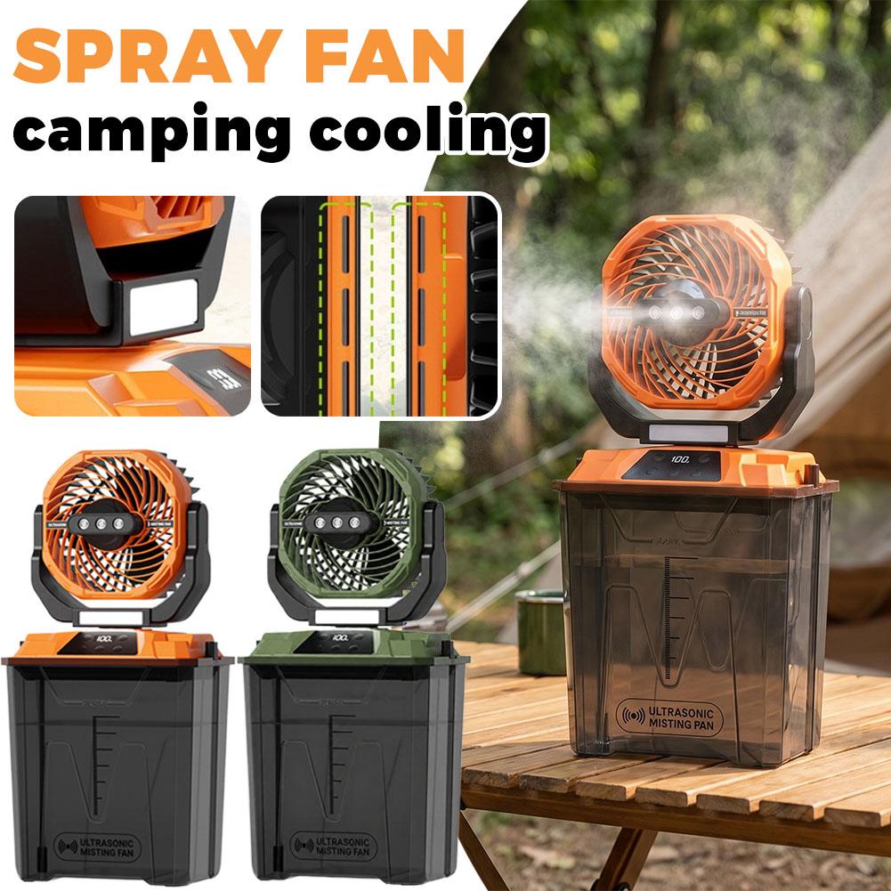 Outdoor Camping Fans - พัดลมพ่นละอองน้ำแบบพกพาสำหรับตั้งแคมป์ รุ่นใหม่ พร้อมไฟเต็นท์ ชาร์จไฟได้ ปรับส่ายได้ แบตเตอรี่
