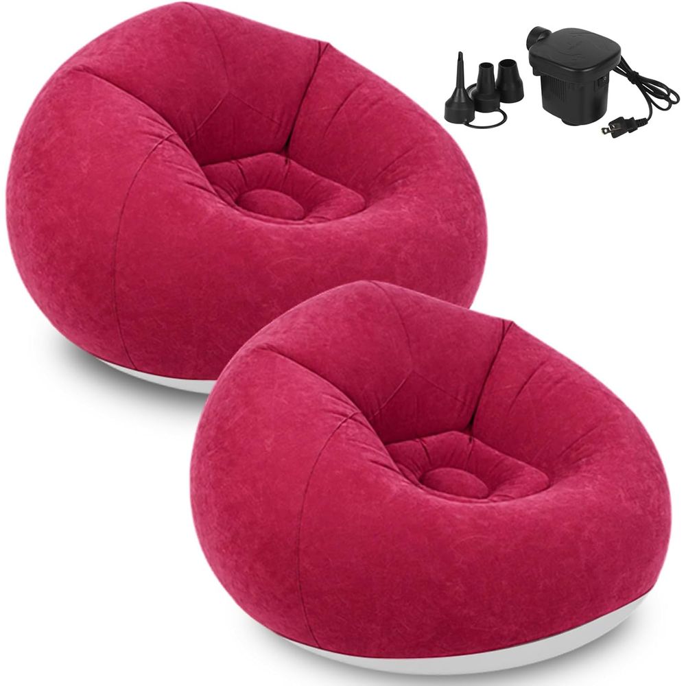 Outdoor Camping Movies - เก้าอี้บีนแบ็กสำหรับผู้ใหญ่พร้อมปั๊มลมไฟฟ้า (2 ชิ้น-สีแดง) | โซฟาเป่าลมแบบพกพา, โซฟาพักผ่อนสำหรับกิจกรรมกลางแจ้ง,