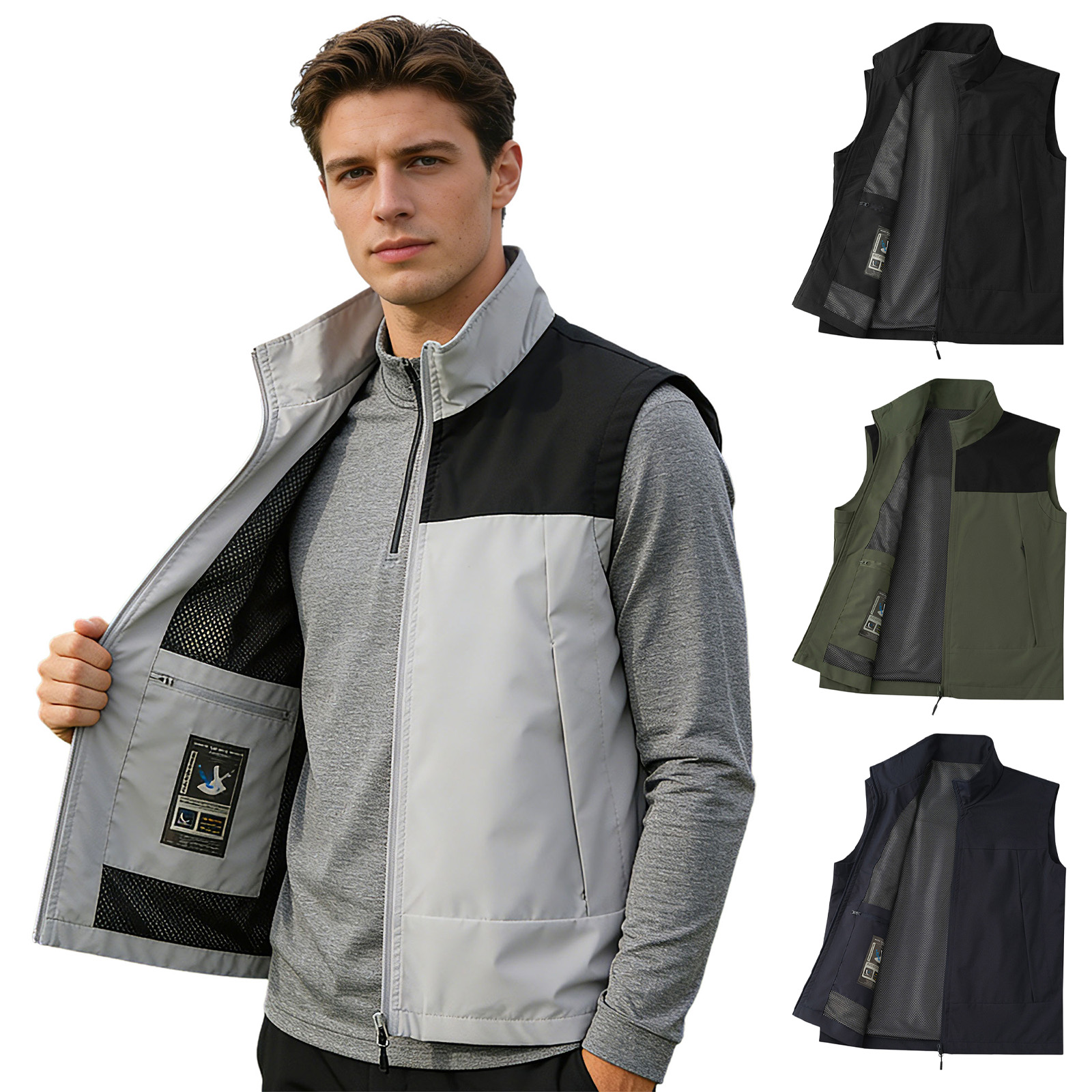 Outdoor Camping In Winter - # เสื้อกั๊กกอล์ฟผู้ชาย M-5XL คอตั้ง ไม่มีแขน พร้อมซิปและกระเป๋าซิปด้านใน